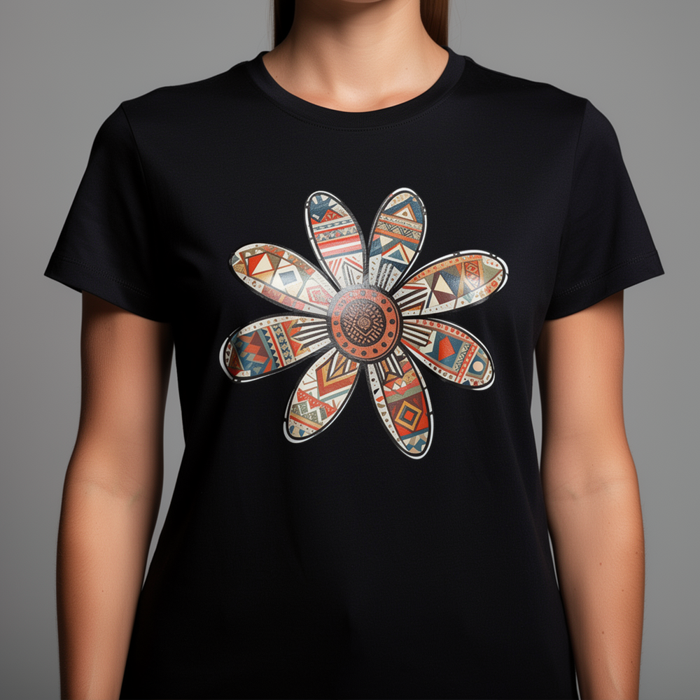 Women’s Black Graphic T-Shirt | Boho Floral Print Casual Loose Fit Summer Tee
