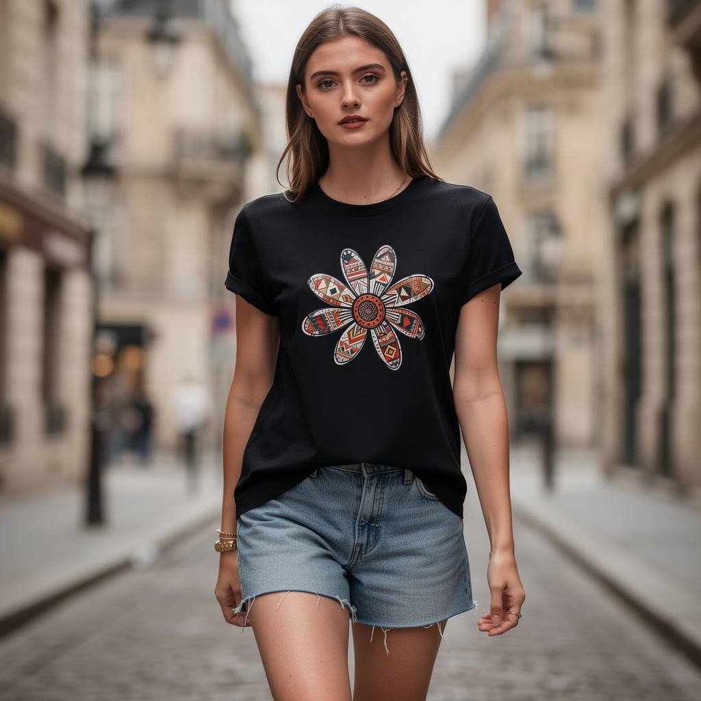 Women’s Black Graphic T-Shirt | Boho Floral Print Casual Loose Fit Summer Tee