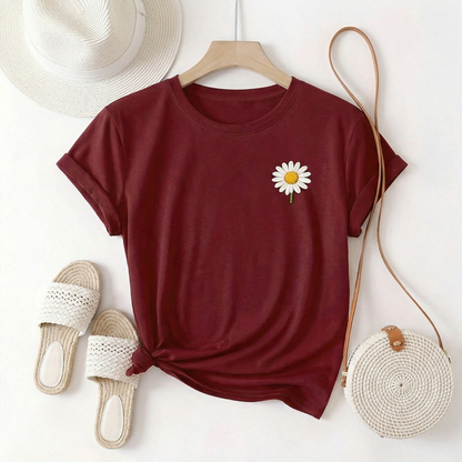 Burgundy Daisy Embroidered T-Shirt – Chic French-Inspired Casual Top (One Size Fits Most)