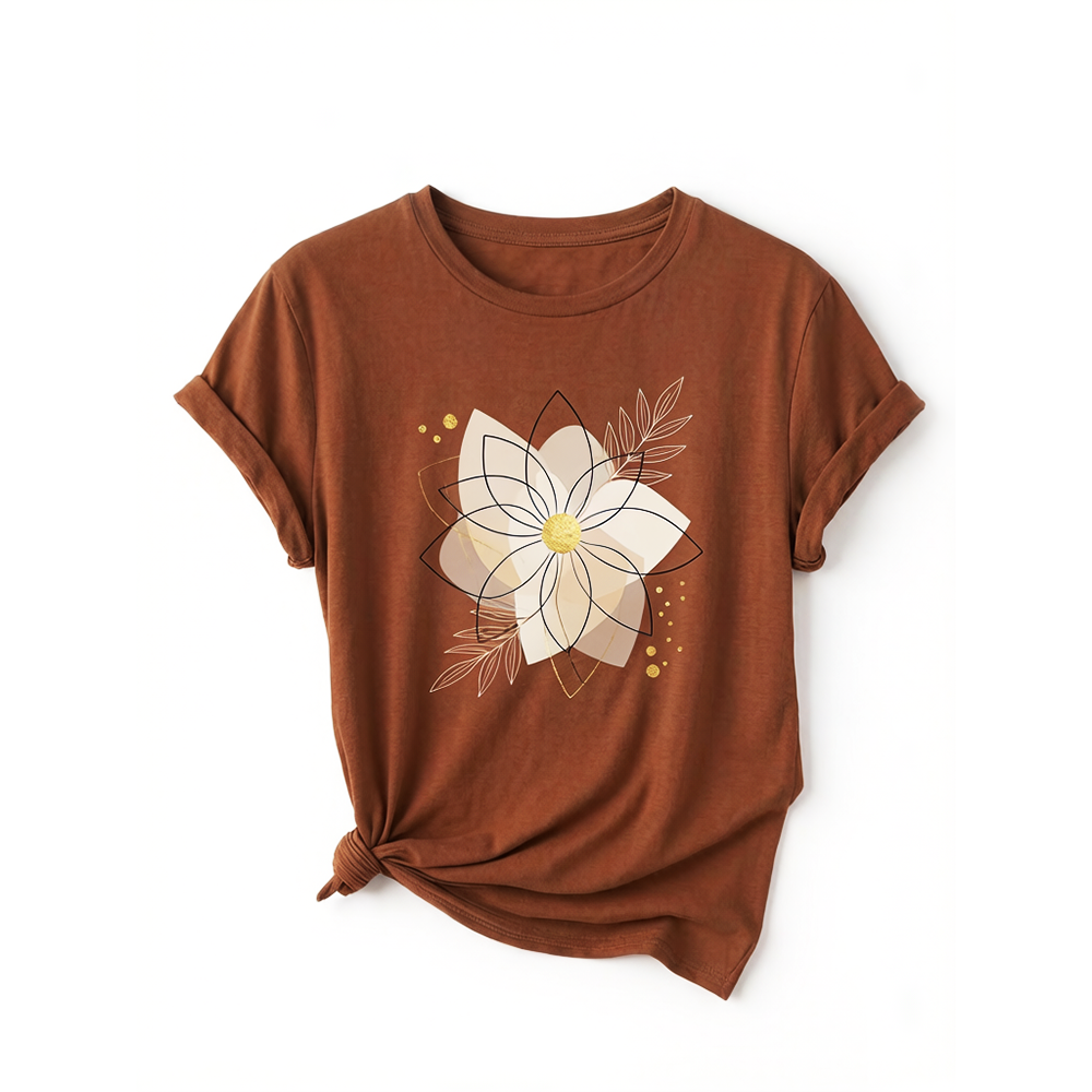Vintage Brown Floral Graphic T-Shirt – Loose Fit Casual Summer Top, Chic Streetwear Short Sleeve Tee
