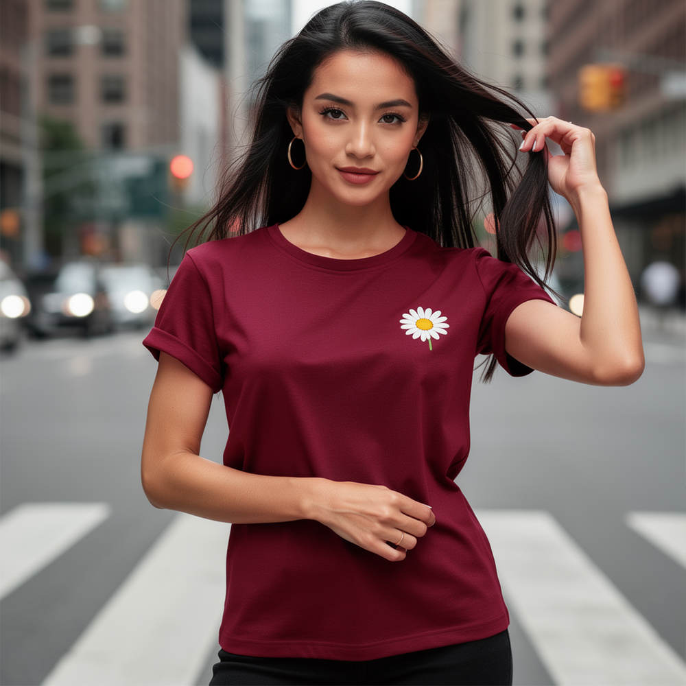 Burgundy Daisy Embroidered T-Shirt – Chic French-Inspired Casual Top (One Size Fits Most)