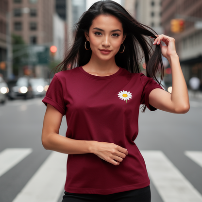 Burgundy Daisy Embroidered T-Shirt – Chic French-Inspired Casual Top (One Size Fits Most)