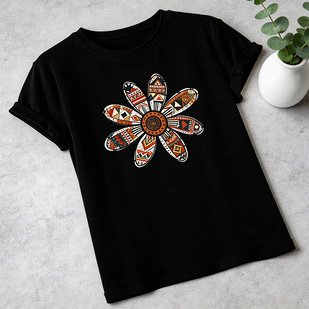 Women’s Black Graphic T-Shirt | Boho Floral Print Casual Loose Fit Summer Tee