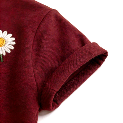 Burgundy Daisy Embroidered T-Shirt – Chic French-Inspired Casual Top (One Size Fits Most)