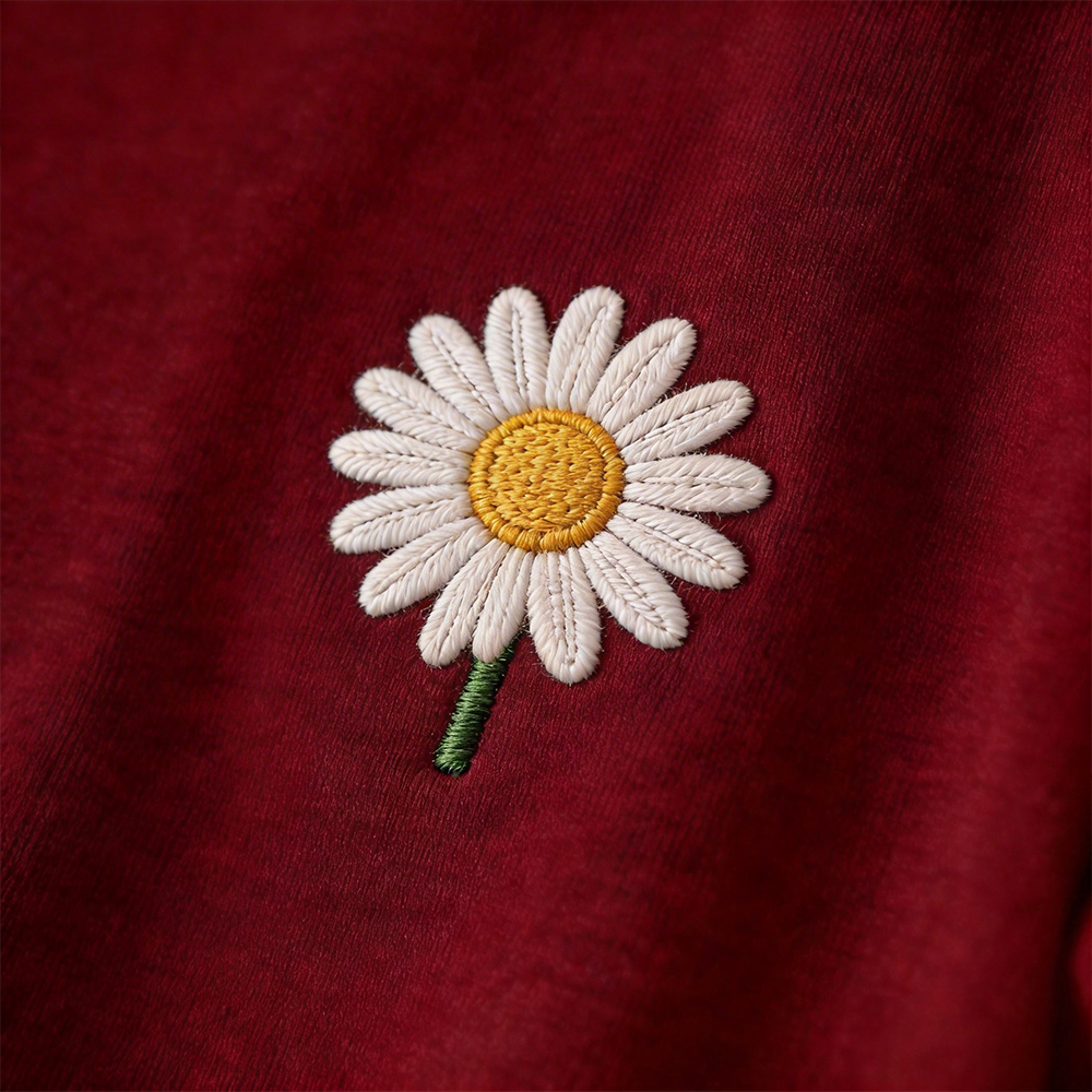 Burgundy Daisy Embroidered T-Shirt – Chic French-Inspired Casual Top (One Size Fits Most)