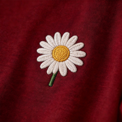 Burgundy Daisy Embroidered T-Shirt – Chic French-Inspired Casual Top (One Size Fits Most)