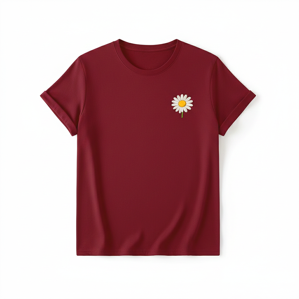 Burgundy Daisy Embroidered T-Shirt – Chic French-Inspired Casual Top (One Size Fits Most)