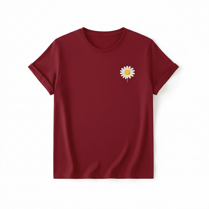 Burgundy Daisy Embroidered T-Shirt – Chic French-Inspired Casual Top (One Size Fits Most)