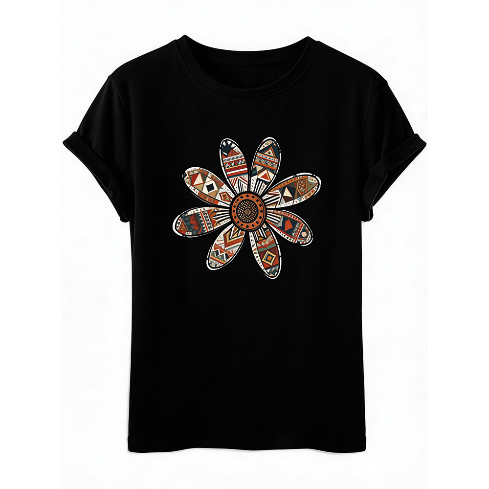 Women’s Black Graphic T-Shirt | Boho Floral Print Casual Loose Fit Summer Tee