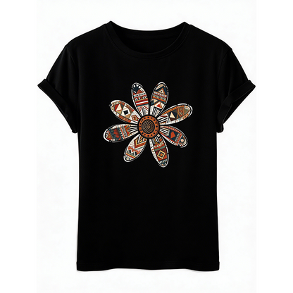 Women’s Black Graphic T-Shirt | Boho Floral Print Casual Loose Fit Summer Tee