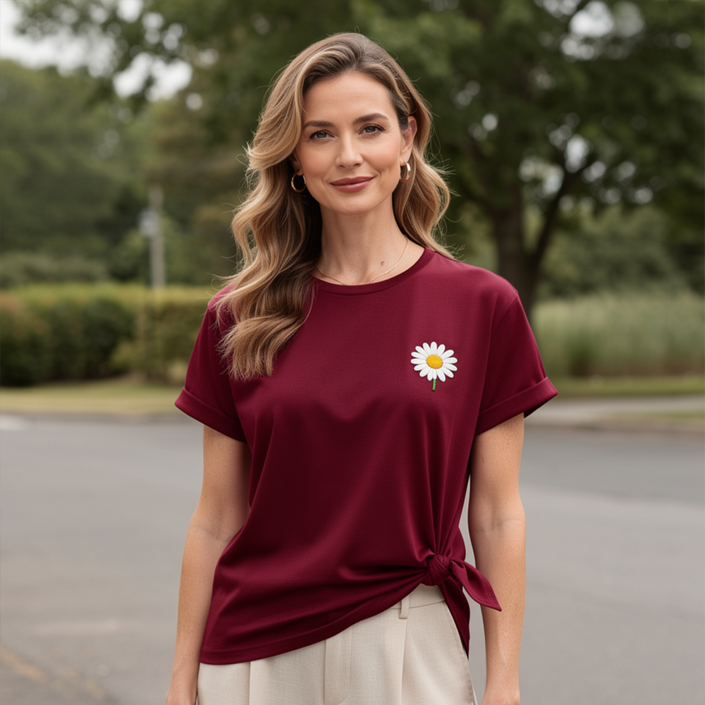 Burgundy Daisy Embroidered T-Shirt – Chic French-Inspired Casual Top (One Size Fits Most)