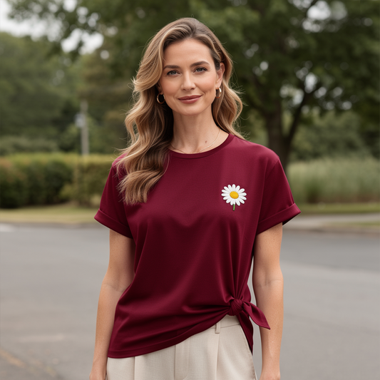 Burgundy Daisy Embroidered T-Shirt – Chic French-Inspired Casual Top (One Size Fits Most)