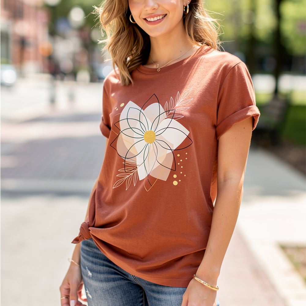 Vintage Brown Floral Graphic T-Shirt – Loose Fit Casual Summer Top, Chic Streetwear Short Sleeve Tee