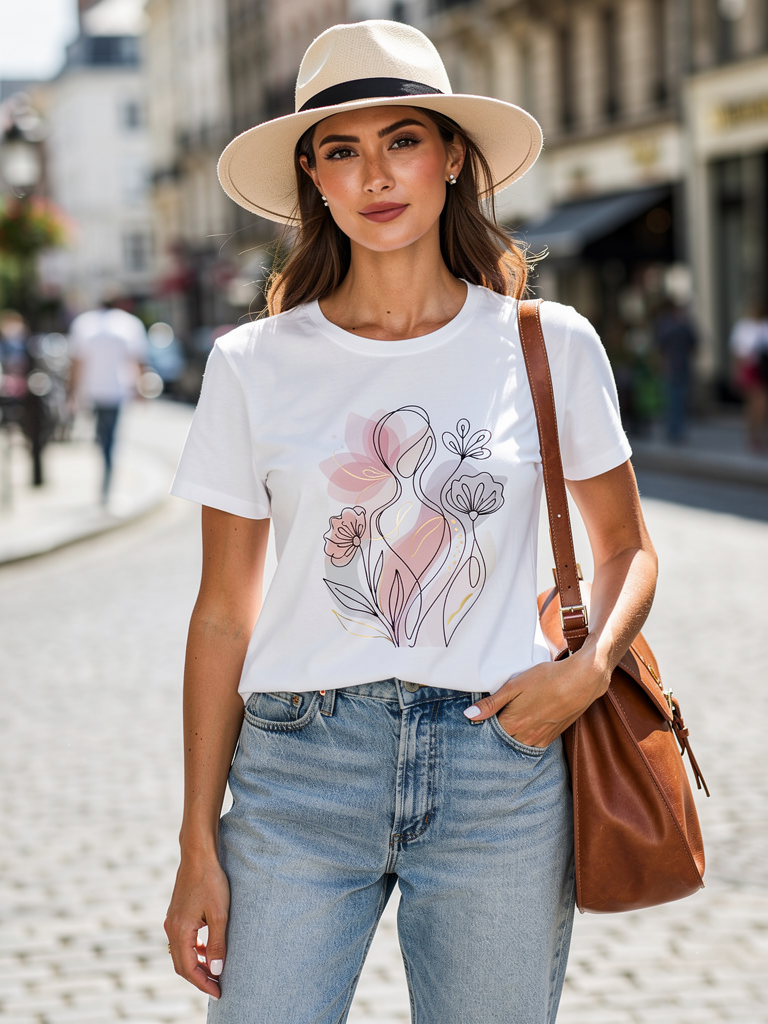 Floral Graphic White T-Shirt – Casual Loose Fit Summer Top, Chic Minimalist Everyday Tee for Women
