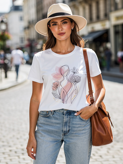 Floral Graphic White T-Shirt – Casual Loose Fit Summer Top, Chic Minimalist Everyday Tee for Women