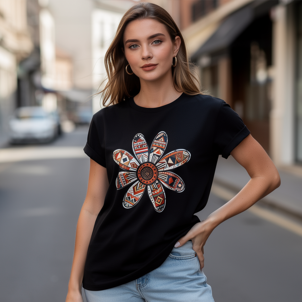 Women’s Black Graphic T-Shirt | Boho Floral Print Casual Loose Fit Summer Tee