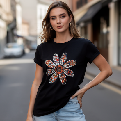 Women’s Black Graphic T-Shirt | Boho Floral Print Casual Loose Fit Summer Tee