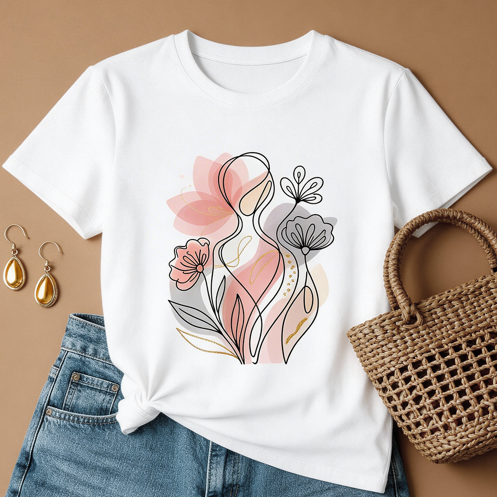 Floral Graphic White T-Shirt – Casual Loose Fit Summer Top, Chic Minimalist Everyday Tee for Women