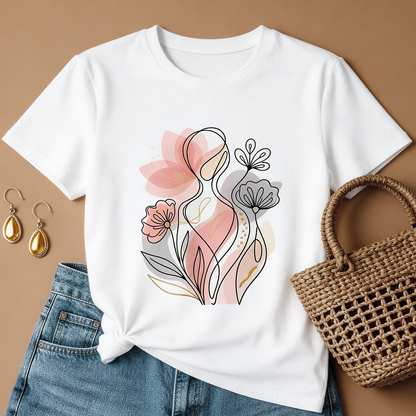 Floral Graphic White T-Shirt – Casual Loose Fit Summer Top, Chic Minimalist Everyday Tee for Women