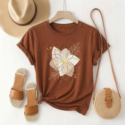 Vintage Brown Floral Graphic T-Shirt – Loose Fit Casual Summer Top, Chic Streetwear Short Sleeve Tee